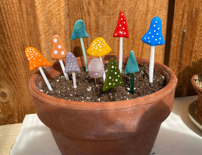 Mystery Set of Mushroom Plant Stakes - Handmade Glass